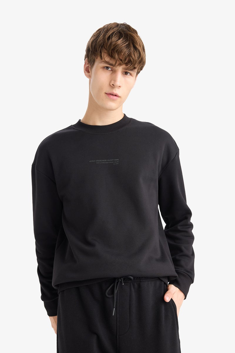 DeFacto Black Man Boxy Fit Printed Crew Neck Long Sleeve Sweatshirt Casual - Image 3
